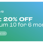 An official banner for a **Helium 10 promo code**, advertising a 20% discount for the first six months.