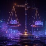 Minimalist holographic scales of justice glowing in purple and blue neon, surrounded by crystal blocks — symbolic featured image for Helium 10 Group Buy (2025) Reviews and better alternatives.