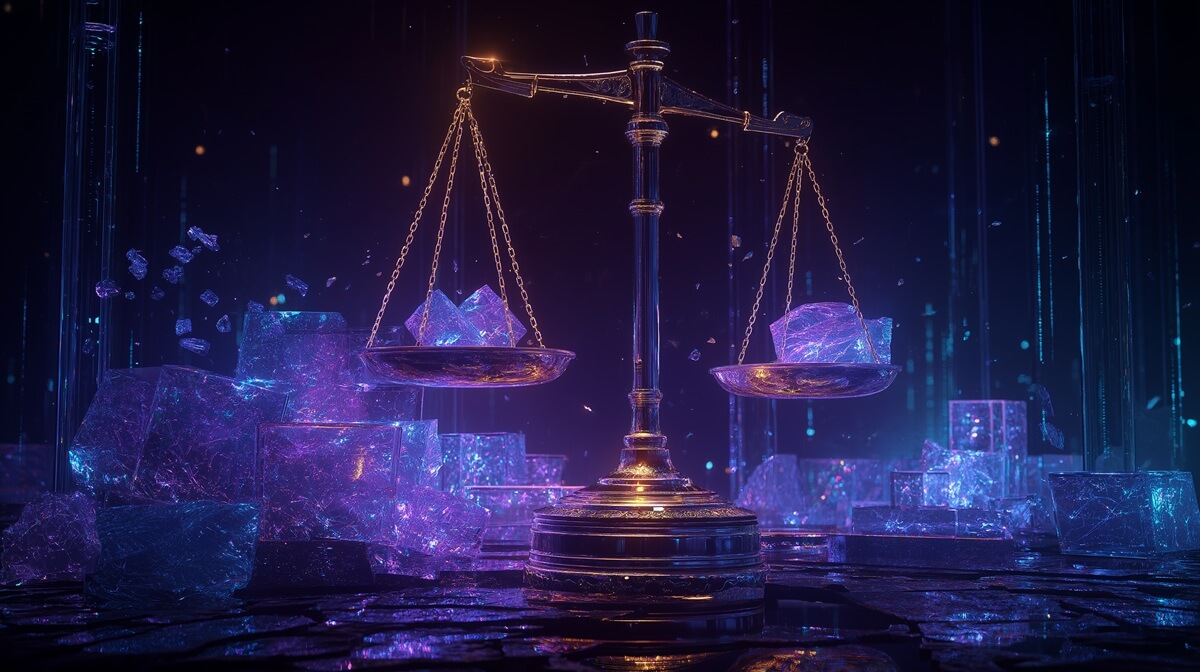 Minimalist holographic scales of justice glowing in purple and blue neon, surrounded by crystal blocks — symbolic featured image for Helium 10 Group Buy (2025) Reviews and better alternatives.