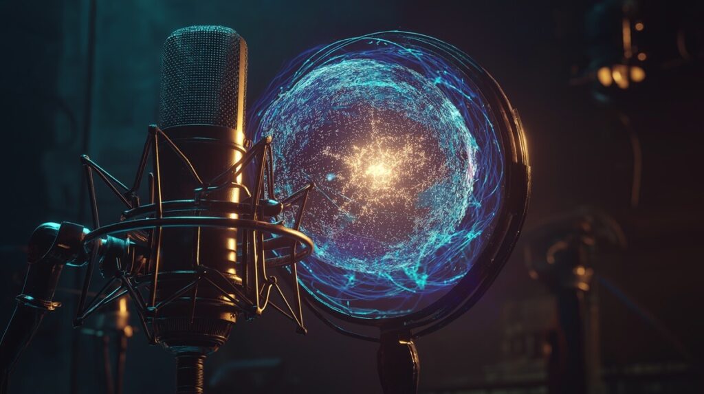 A studio microphone with a glowing AI neural network at its core, symbolizing the technology behind AI voice cloning.