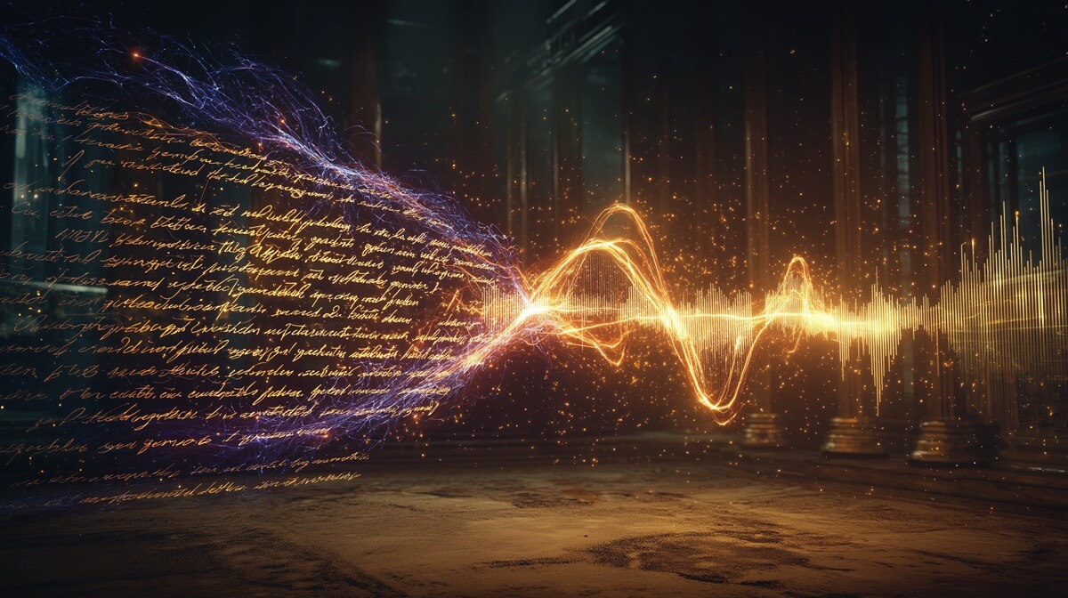 A conceptual image showing the process of **how to create AI voice overs for YouTube videos**, with text transforming into a golden audio waveform.