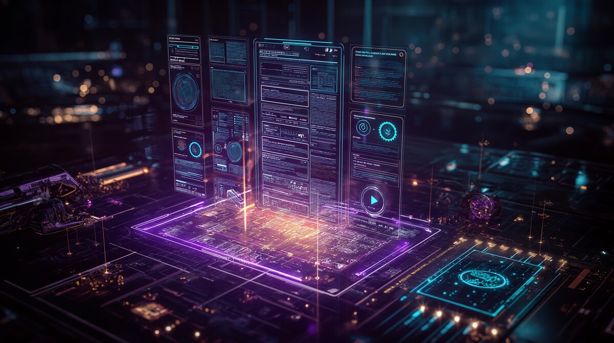 A futuristic blueprint of a product page undergoing Amazon listing optimization, with holographic arms adding keywords, images, and reviews.