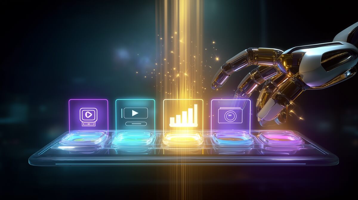 A futuristic digital artist's palette with icons for video, data, and presentations, symbolizing the specialized power of the **best Canva alternatives** and **AI design tools**.
