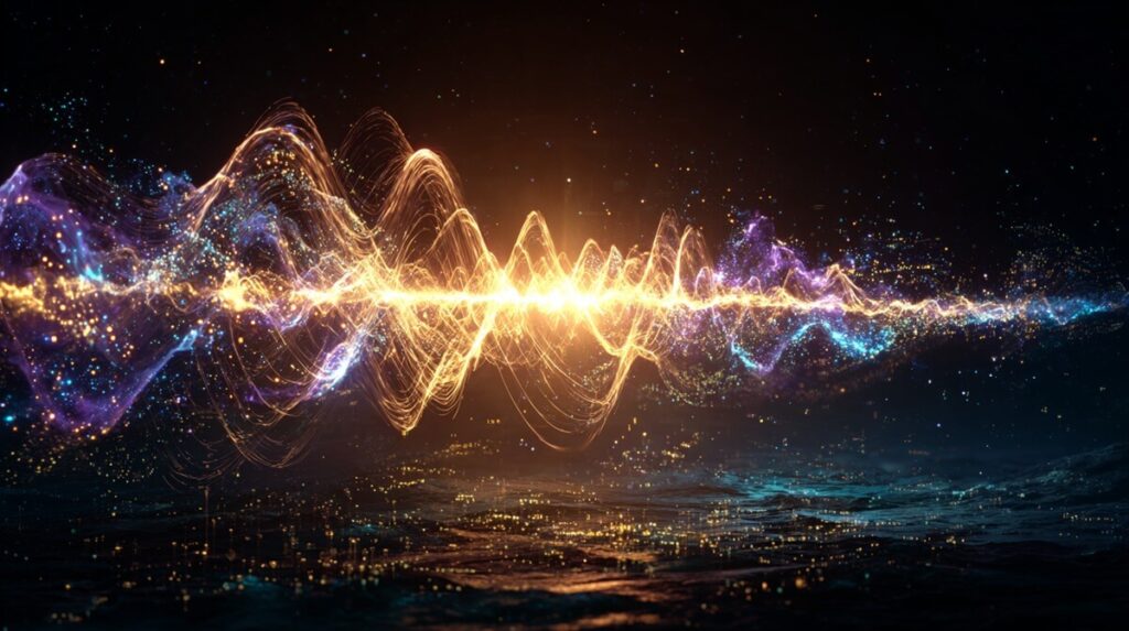 A vibrant audio waveform from one of the **best AI voice generators**, glowing with purple and gold light and symbolizing the conversion of data into sound.
