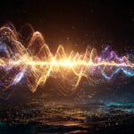 A vibrant audio waveform from one of the **best AI voice generators**, glowing with purple and gold light and symbolizing the conversion of data into sound.