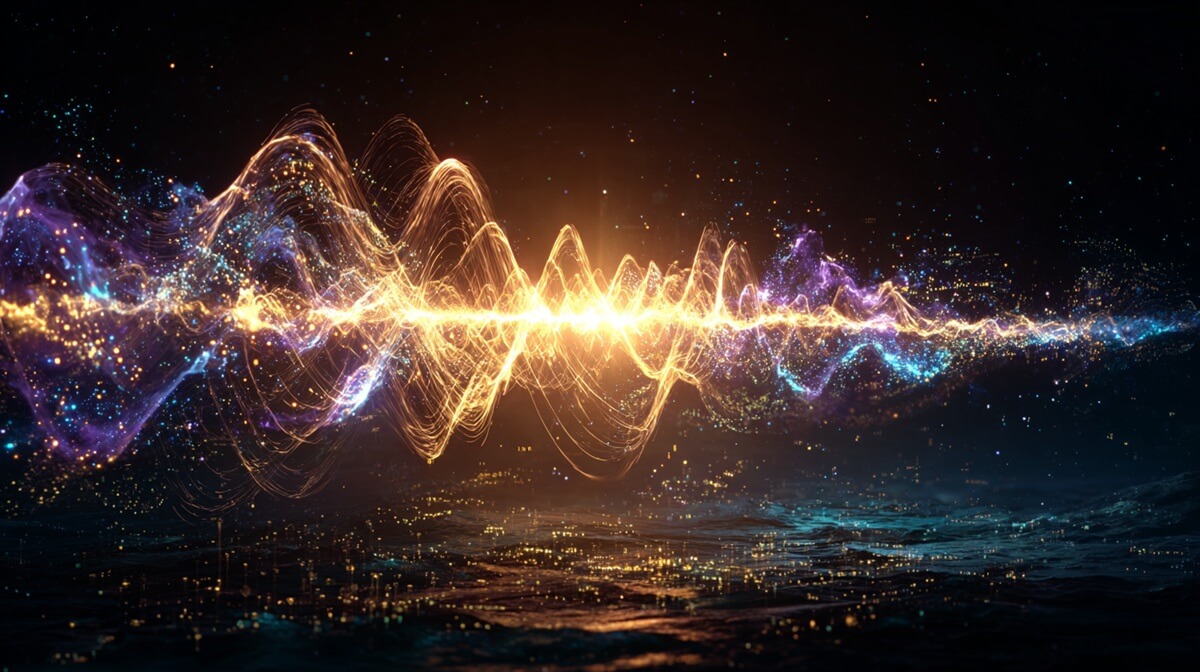 A vibrant audio waveform from one of the **best AI voice generators**, glowing with purple and gold light and symbolizing the conversion of data into sound.