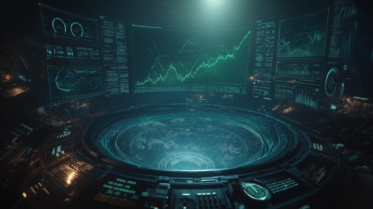 A holographic dashboard displaying upward-trending graphs and SERP data, representing the insights provided by the best rank tracking tools.