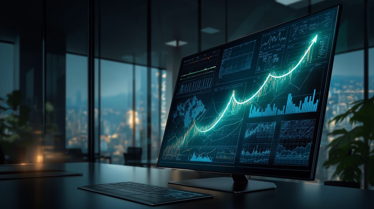 A professional's desk monitor in a modern office, showcasing a glowing upward-trending graph that visualizes the successful results delivered by the best seo reporting tools.