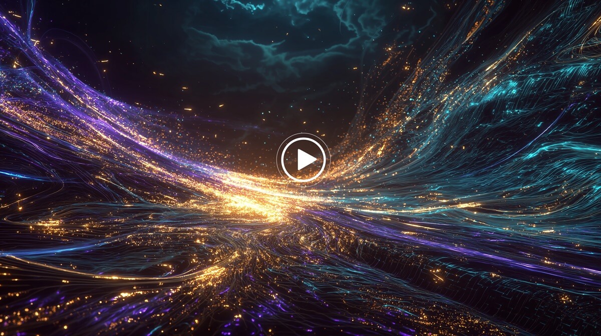A conceptual image of glowing digital data streams merging into a central video play button, symbolizing the **AI video creation** process for Descript vs Synthesia comparison.