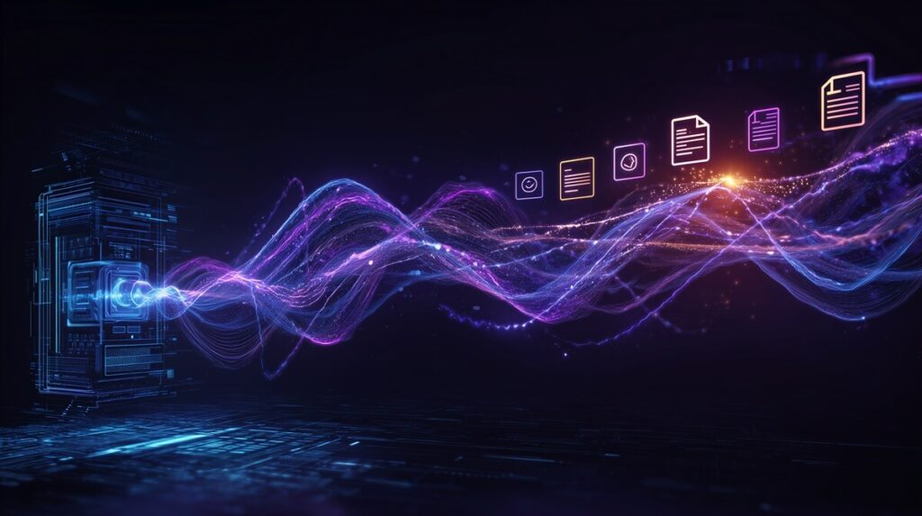 A conceptual image for the **Fireflies.ai vs Otter.ai** debate, showing a digital engine transforming chaotic sound waves into organized data and content assets.