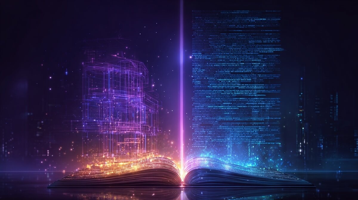 A conceptual image for the **Surfer SEO vs Frase** debate, showing an open book emitting a holographic content blueprint on one side and a wall of analytical data on the other.