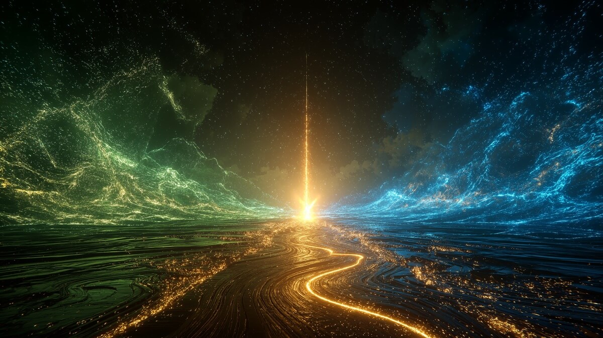 A visual metaphor for the Helium 10 vs Viral Launch decision, showing two distinct data streams merging into a single, optimal golden path for Amazon sellers.