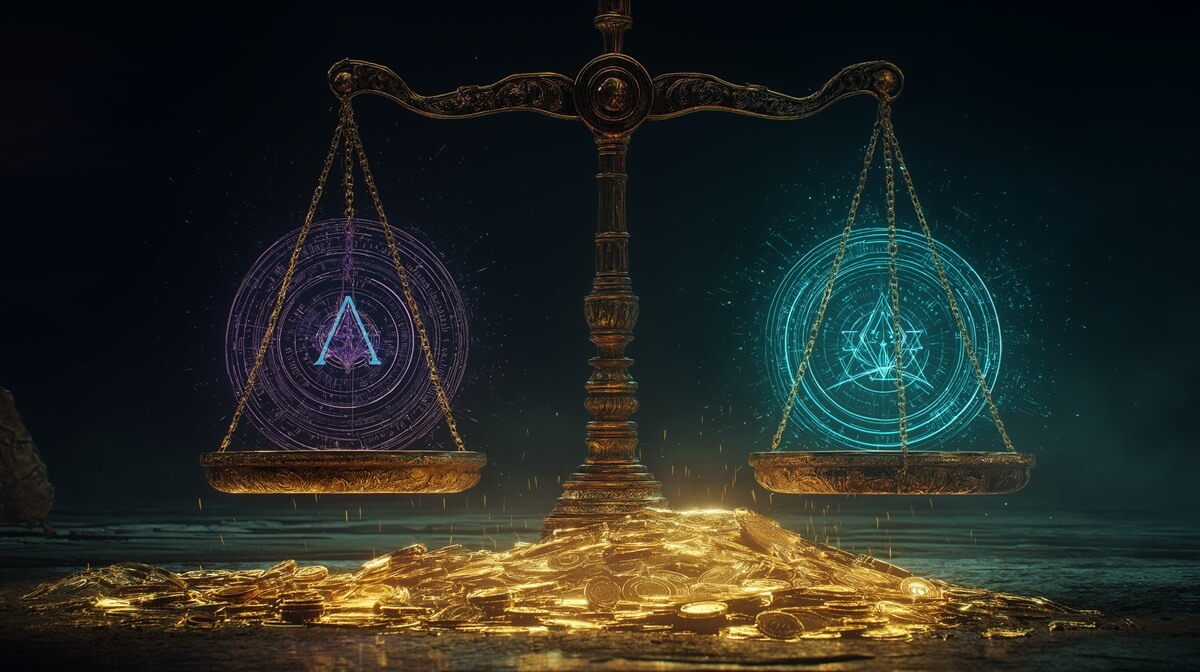 Holographic scales balancing two AI tools over gold coins, representing the core question in the Jasper vs Rytr debate: which offers the best ROI.