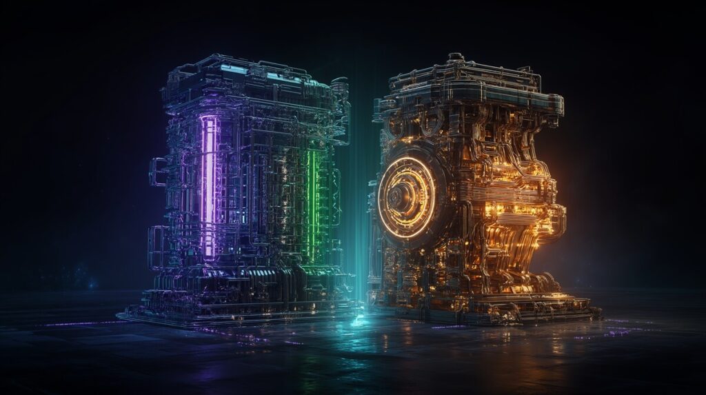 A conceptual image for the **Jasper vs Writesonic** debate, showing two distinct AI engines: a streamlined purple and green engine versus an ornate golden one.