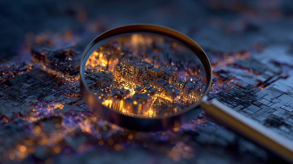 A magnifying glass, symbolizing the **best SEO tools**, brings clarity by revealing an illuminated city of data from a complex digital landscape.