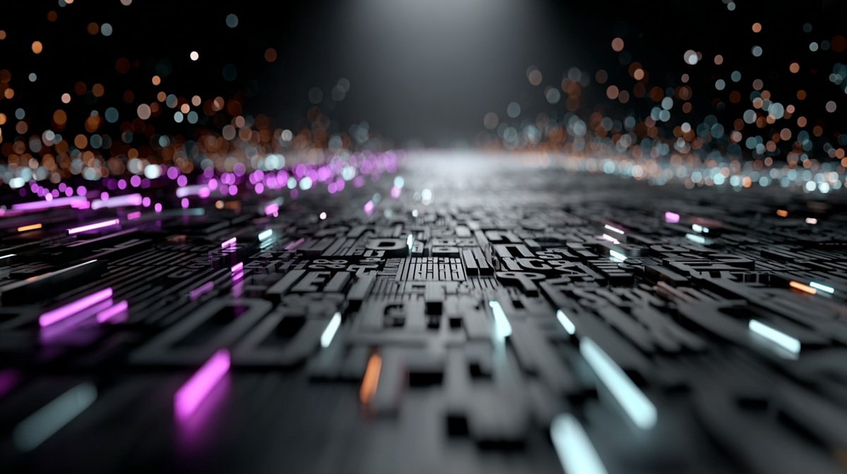 A futuristic data landscape visualizing the complex systems behind the **best AI writing assistants**, with glowing purple lines of code and text receding into a bright horizon.
