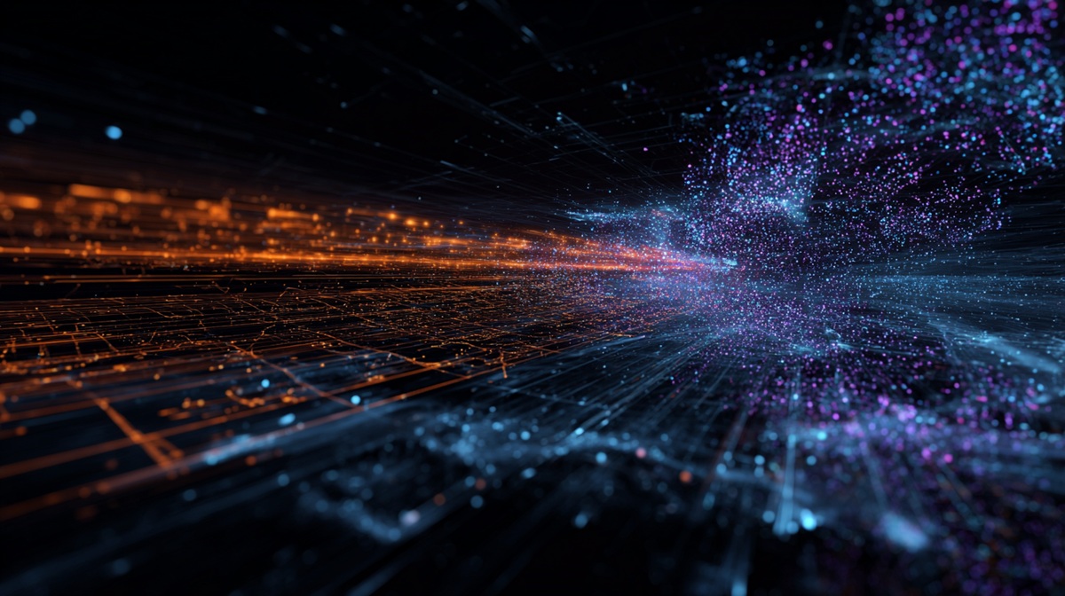 Conceptual art illustrating the pivot to Agentic AI, with legacy IT spending, shown as a rigid orange grid, transforming into a dynamic swarm of intelligent purple nodes representing the future of AI.