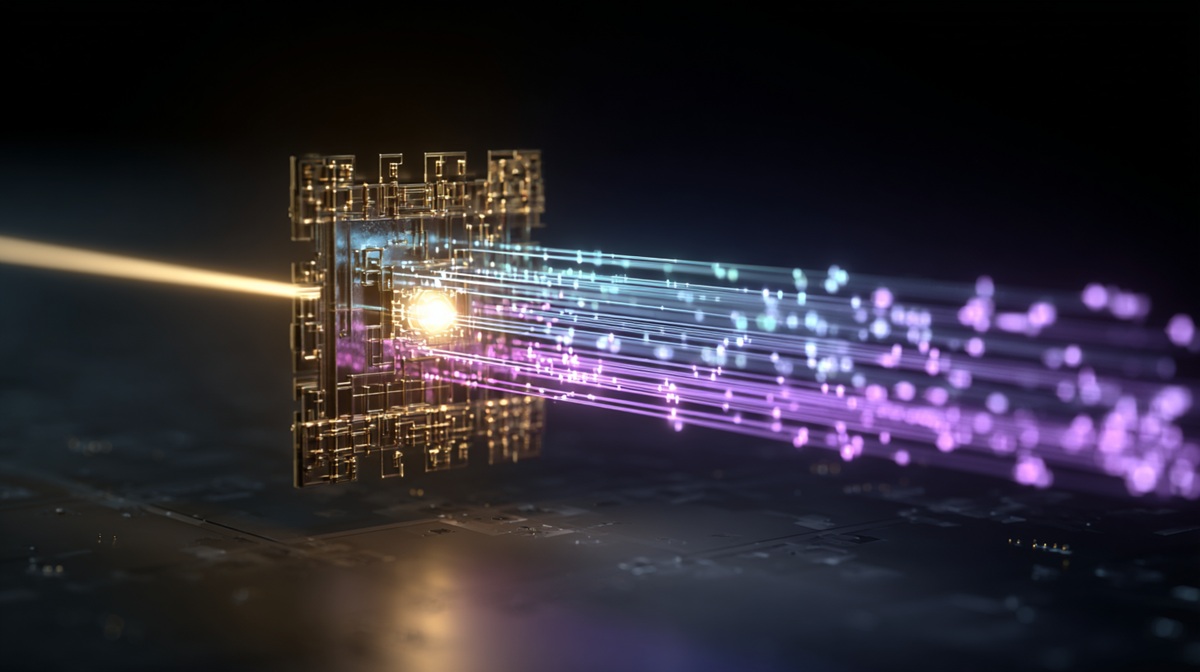 Conceptual art of the AI multiplier effect, showing a single stream of investment entering a processor and emerging as five larger streams, symbolizing the massive ROI and productivity gains from AI tools.