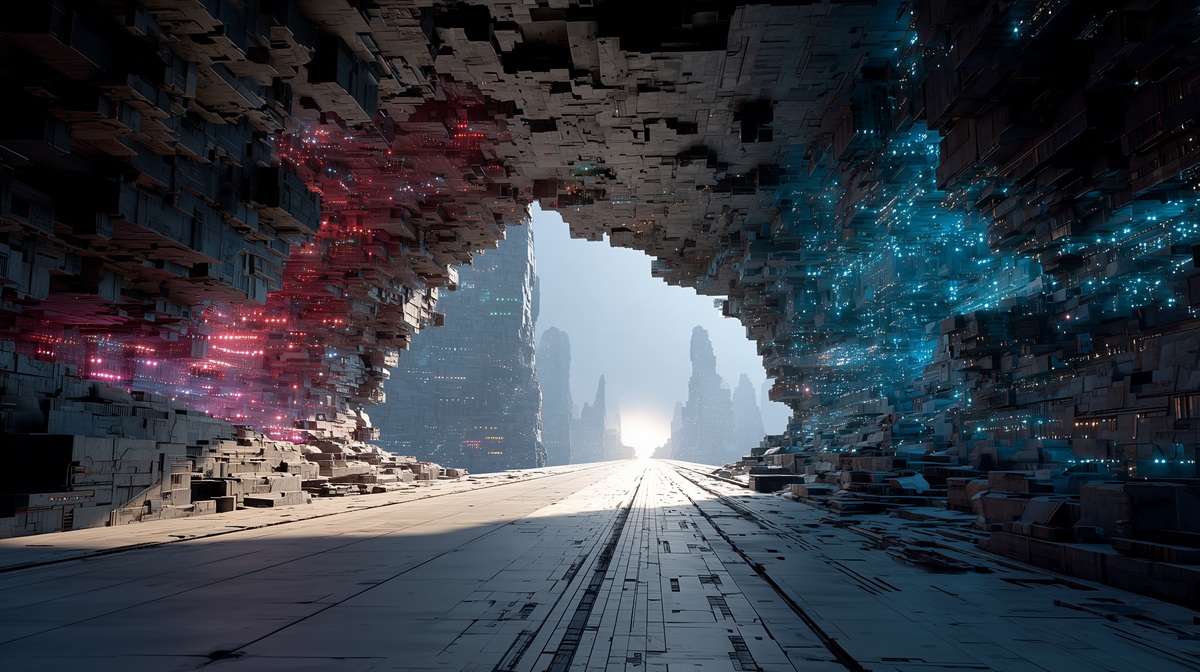 Conceptual art for the future of work, showing a path emerging from a vast technological cavern towards a bright horizon. The right side of the path is illuminated by advanced blue AI technology, representing a productive career, while the left side glows with decaying red light, symbolizing obsolescence.