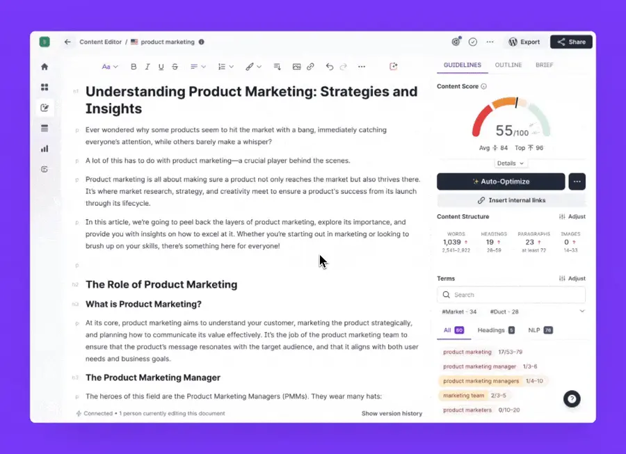 Animated WebP of the Surfer SEO AI drafting tool generating a first draft in brand voice with built-in optimization.