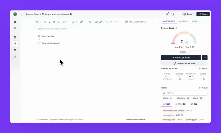 Animated WebP showing the Surfer SEO Content Editor with live content score and SERP-based NLP keyword guidelines.