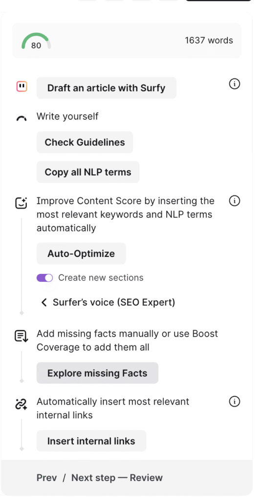 creenshot of Surfer SEO Coverage Booster (Facts tab) inside Content Editor highlighting the option to explore missing facts and boost topical coverage with SERP-sourced statements.
