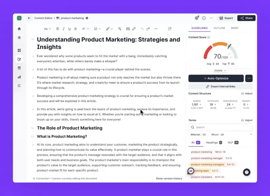 Animated WebP of Surfer SEO Internal Linking tool suggesting relevant internal link opportunities to strengthen site structure and SEO.