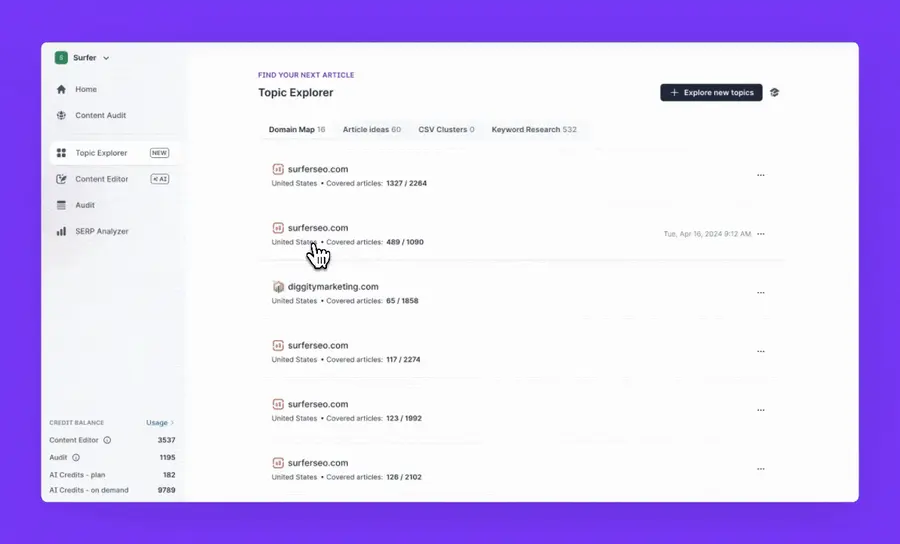 Animated WebP of the Surfer SEO Topical Map visualizing keyword clusters and content gaps to build topical authority.